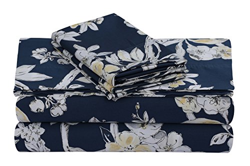 Tribeca Living 300 Thread Count Cotton Extra Deep Pocket Printed Sheet Set, Twin XL, Colmar Navy Blue/Multi