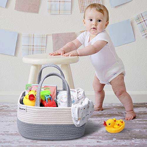 Baby Diaper Caddy Organizer Nursery Storage Bin with Removable Divider, Cotton Rope Infant Diaper Basket Car Organizer for Diapers Wipes Toys Baby Shower Caddy Gifts - Thumbnail 2