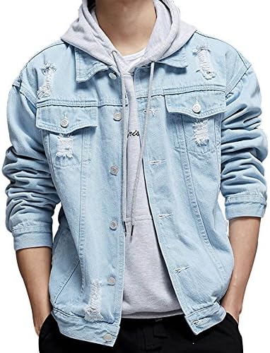 KAMA BRIDAL Men's Distressed Ripped Denim Jacket Button Down Jean Trucker Coat