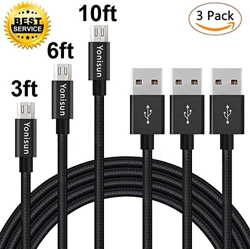 Yonisun Micro USB Cable,3Pack (3FT,6FT,10FT)Nylon Braided High Speed Micro USB Charging Cable Cord Android USB charger cables for Samsung Galaxy S7 Edge/S6/S5/S4,Note 5/4/3,LG,HTC,Tablet(Black)