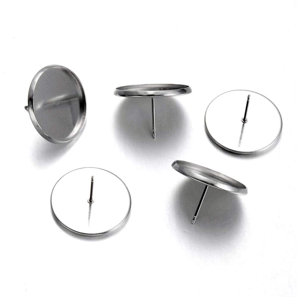 Craftdady 50Pcs Stainless Steel Stud Earring Cabochon Setting Post Cup Bezel Tray Earring Blanks Fit for 20mm