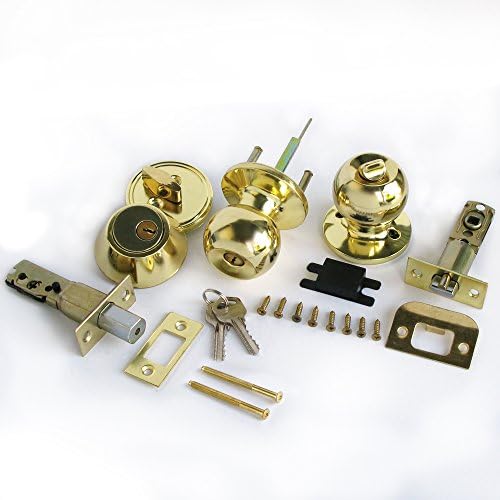 Single Cylinder Deadbolt Entrance Entry Round Door Knob Lock Combo Set Gold Color