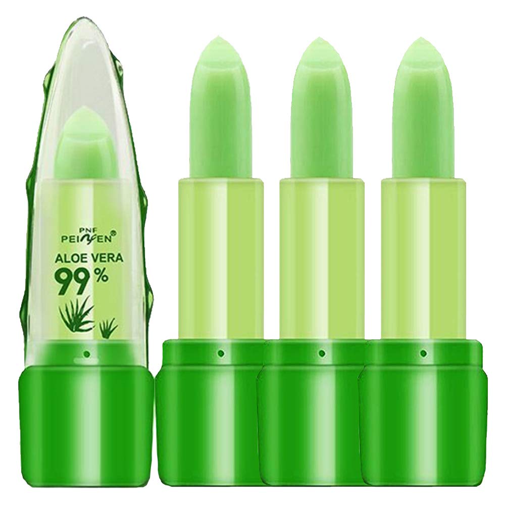3 Pack Aloe Vera Lip Balm Moisturizing Lipstick Temperature Color Change Lip Gloss Long Lasting Nutritious Aloe Vera Lip Plumper Set (Green 2)