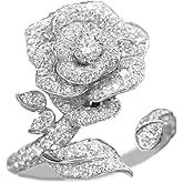 Elegant Rose Flower Engagement Ring for Women Sparkling Rhinestone CZ Crystal Open Statement Rings Promise Wedding Ring Expandable Wrap Finger Band
