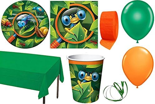 Bug Eyed / Insect Party Supplies for 16 - Table Cover, Cups, Napkins, Plates, Curling Ribbon, Streamer & Balloons - This Bundle Has 61 Pieces