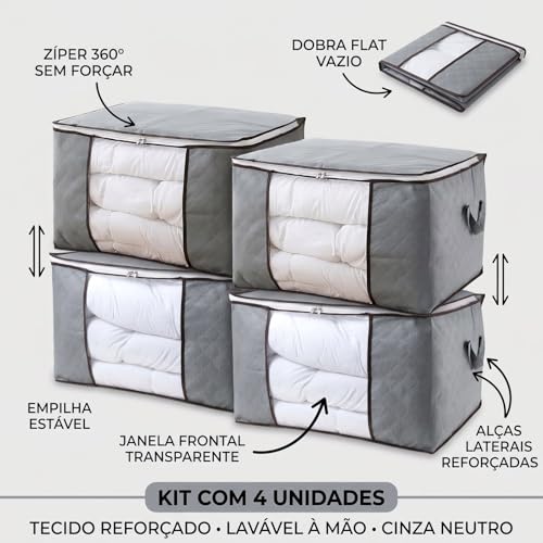 Kit 4 Sacos Bolsas Organizadoras Dobráveis Tecido Cinza com Zíper Total e Janela Frontal – Guarda Cobertores, Edredons e Roupas de Cama sem Amassar no Armário