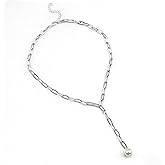Erimberate Bohemian Pearl Drop Necklace Choker Paper Clip Chain Necklace Gold Y Lariat Necklace Floating Pearl Necklace Jewelry for Women and Girls Gifts