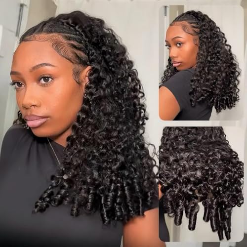 BGM GIRL 3 in 1 Burmese Curly Half Wig Human Hair Glueless Flip Over Half Wig with Drawstring Spiral Curly Ends for Women Easy Install Natural Black 180% Density 20 Inch