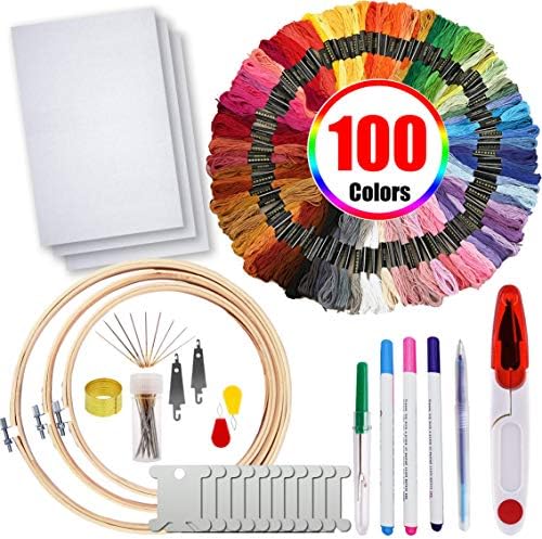Embroidery Starter Kit Including 100 Skeins 50 Color Threads, 3 Pieces Bamboo Embroidery Hoops, 3 Pieces Aida Cloth, Cross Stitch Tool Kit