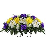 Sympathy Silks Artificial Cemetery Flowers - Realistic Elegant Orchids, Outdoor Grave Decorations - Non-Bleed Colors, and Easy Fit - Purple Yellow Orchids Saddle