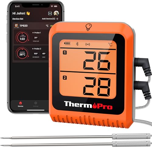 ThermoPro Fleischthermometermit 2 Sonden Grillthermometer 150 Meter, Empfängt Bluetooth Bratenthermometer mit Timer und Alarmfunktion, Thermometer Koc