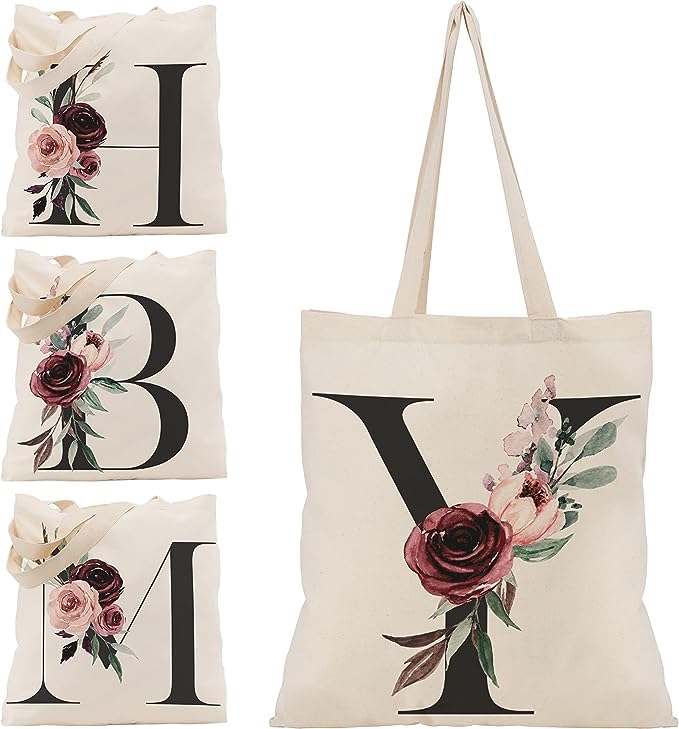 Floral Initial Canvas Bag Gifts for Women - 15"x16" Shoulder Tote Bags for Bridesmaids Hen Party Teacher Gift Shopping Bag C1 (Initial #Y)