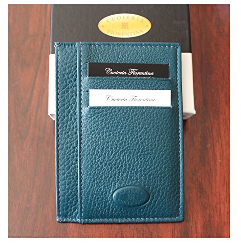 Cuoieria Fiorentina Slim Sleeve Blue Wallet Premium Calf Leather Made in Italy - Holds 10+Cards +Cash - Slim Profile Reduces Wallet Bulk