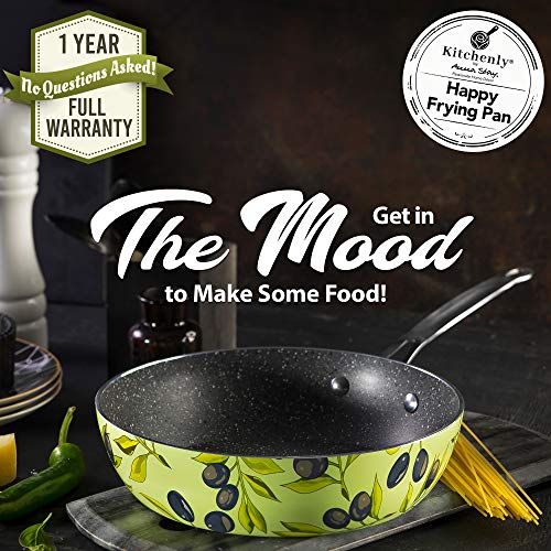 Decorative Green Non Stick Frying Pans Wok - Deep Skillets Induction Ready Hard Anodized Granite Marble Stone Coating Pan 9.5 inch for Cooking ,Baking on Stove or Oven with Stainless Steel Handle