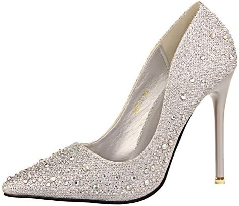 Passionow Women's Elegant Rhinestone High Heels Pointy Close Toe Slip On Dressy Stiletto Pumps (8 B(M) US,Silver)