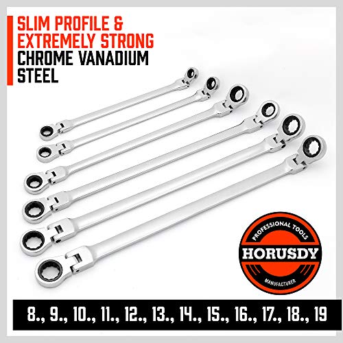 HORUSDY 6-Piece Extra Long Flex-Head Ratcheting Wrench Set - Chrome Vanadium Steel With Metric 8mm - 19mm,With Large Size Organizer Pouch - Thumbnail 2