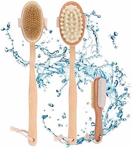 Dry Body Brush Set - YSBER - Natural Boar Bristle Bath Shower Brush with Long Handle Removable bristle brush, massager double-sided foot brush for Remove Dead Skin And Toxins Functions, Exfoliates