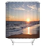 Goodbath Beach Shower Curtain, Ocean Waves Sunset Pattern for Bathroom Decor, Polyester Fabric Mildew Resistant and Waterproof Bath Curtains, 66 x 72 Inch, Blue Gold Brown