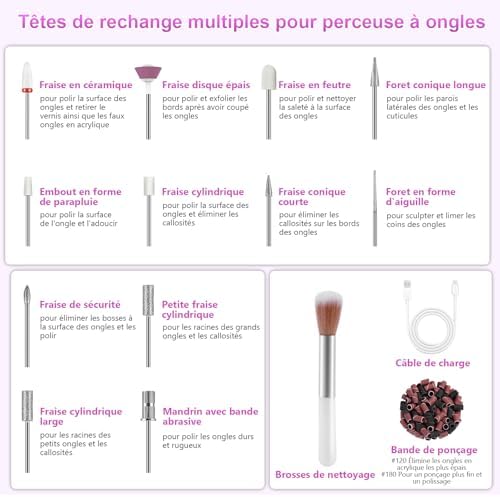 Ponceuse pour Ongles Professionnelle Sans Fil , 12 en1 Kit Manucure