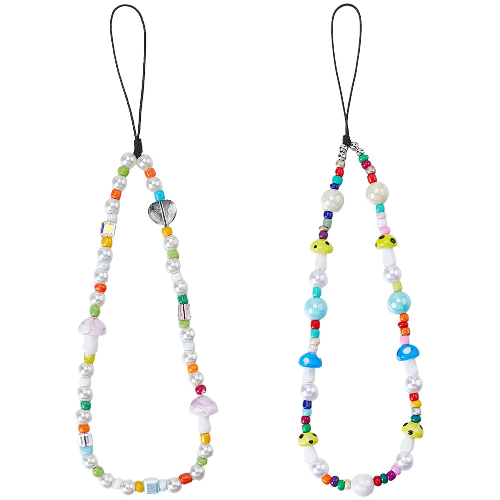 GORGECRAFT 2Pcs Mushroom Beaded Phone Charm Strap Detachable Glass Resin Handmade Phone Case Short Lanyard Anti-Lost Beads Chain Keychain Wrist Straps Wristlet Bracelet Accessories for Women Gifts