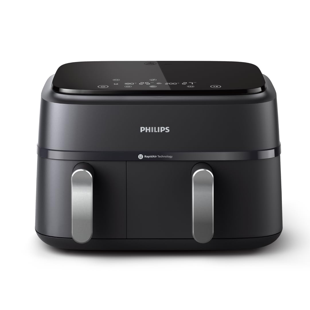 Philips Dual Basket Air Fryer 3000 Series — 8-in-1 functions, 9.5 Quarts, 2 Drawers, Auto-sync Cooking Time, 90% Less Fat, Rapid Air Technology, HomeID Recipe App, Dishwasher Safe, Black (NA351/00)