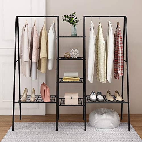 HOMERECOMMEND Metal Clothes Rack Heavy Duty Clothing Racks Free Standing Garment Rack with 2 Top Rods and 6 Wire Shelves for Coat Hanging(Black Color)
