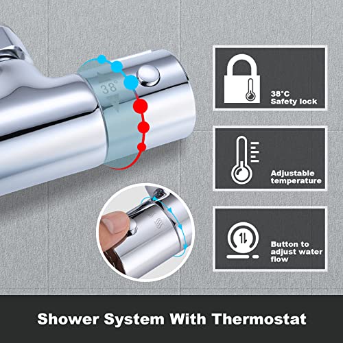 ARCORA Thermostatic Shower Column, 304 Stainless Steel Shower Column, Shower Kit Adjustable Range from 85 to 123 cm Copper Thermostatic Shower Mixer for Bathroom