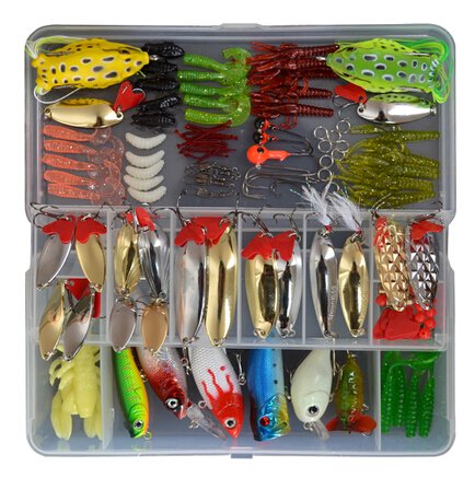 1 Set (129 Pcs) Fishing Lure Tackle Kit Bionic Bass Trout Salmon Pike Fishing Lure Frog Minnow Soft Shrimp Grubs Jigging Lures Artificial Hard Spoon Spinner Sequins Lure