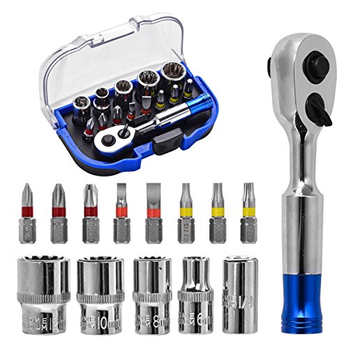 Click Here to See More Images 15-Piece 1/4-Inch Drive Torque Wrench, Micro Bit Ratchet, Socket Ratchet Wrench Tools Kit Mini Screwdriver for Vehicle Maintenance