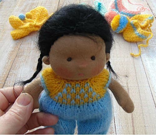 Cute Soft Waldorf Doll - 8” tall with embroidered face - 5 removable pieces of clothing - Brunette with black-hair
