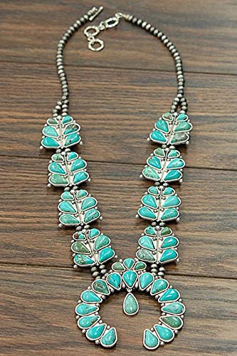 JChronicles Natural Turquoise Stone Squash Blossom Vintage Style Navajo Statement Necklace (SQ-990)