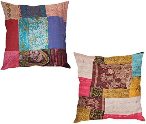 Indistar Set of 2 Throw Pillow Cover | Silk Patchwork Cushion Covers with Traditional Indian Kantha Work | Decorative Cushion Covers, 20 x 20 Inch