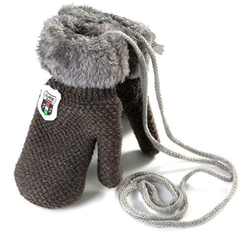 Winter Warm Baby Gloves Mittens - Infant Toddler Kids Knit Plush Lined Gloves Mittens with String for Baby Girls Boys 6 Months - 5 Years (Grey)