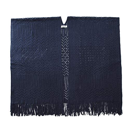 Knit Shawl Wrap for Women Capes Ladies Knitted Scarf Tassel Open Poncho Cardigan (Navy)