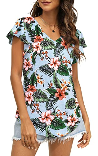 NANYUAYA WOMENS SUMMER TOPS RUFFLE SHORT SLEEVE TSHIRT CASUAL V NECK FLORAL PRINT SHIRT