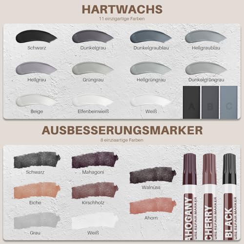 Laminate Vinyl Repair Kit, 11 Colours Hard Wax and 8 Colours Wooden Marker with Melting Tool, Furniture Wood Repair Set for Vinyl Flooring, Linoleum Flooring, Laminate Flooring Stains, Holes, Scratches, Cracks