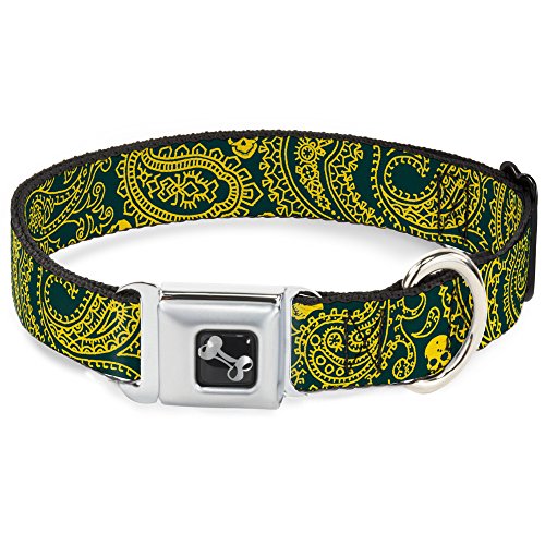 Dog Collar Seatbelt Buckle Bandana Skulls Green Gold 15 to 26 Inches 1.0 Inch W…