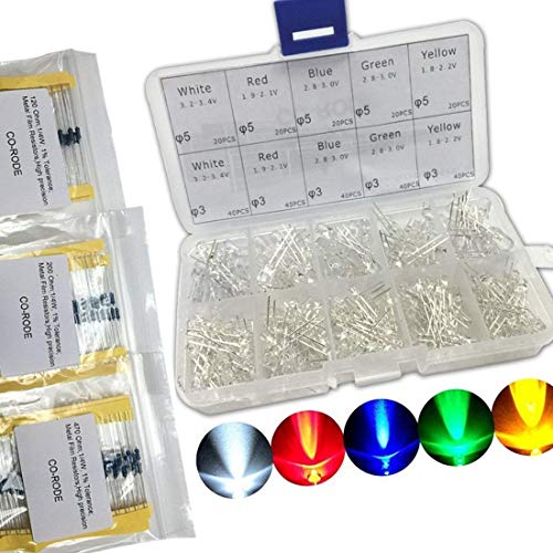 CO RODE LED Diode 3mm 5mm LED Light Kit Clear with Color White Red Blue Green Yellow, Resistors Included