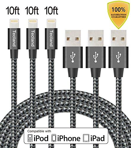 Tecland 3Pack 10FT Nylon Braided Lightning to USB Cable Cords 8 Pin Sync and Charging Cords Compatible with Apple iPhone 7/7 Plus/6s/6s Plus/6/6 Plus/5s/5c/5/SE, iPad/iPod (black gray)