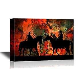 Cowboy Canvas Wall Art - Silhouette Cowboys with Horses in The Sunset - Gallery Wrap Modern Home Art | Ready to Hang - 12x18 inches