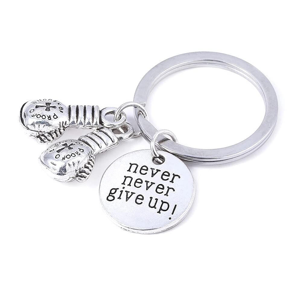 ARFUKA Keyring Boxing Glove Charm Keychain NEVER GIVE UP Engraved Key Ring Zinc Alloy Key Ring Gift for Men and Women