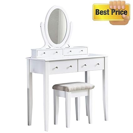 Volitation White Dressing Table With 360 Oval Mirror 4 Drawers