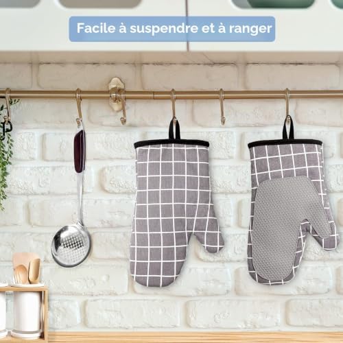 Gants de Four, Gants de Cuisine Silicone Coton Résistant à Chaleur et Antidérapant, Gloves pour la Cuisson des Aliments Faisant Cuire Barbecue - 1 Paire (Grey) — photo 4 sur 6