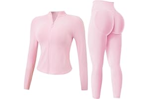 Women's 2pcs Workout Sets Yoga Outfit Long Sleeve Activewear Zip Up Top Workout Leggings Fitness Sportswear