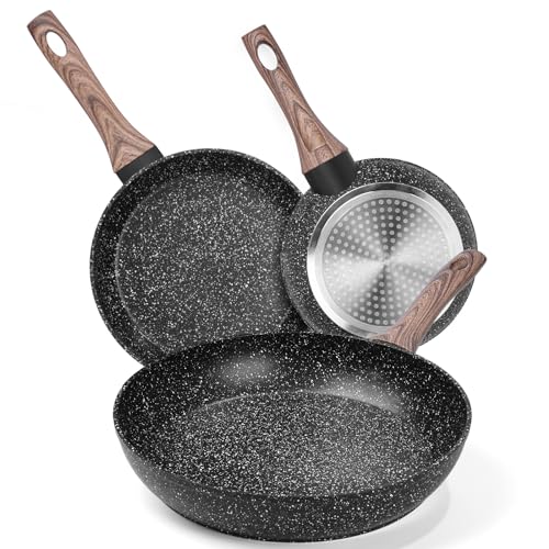 HEEDU Juego de 3 Sartenes con Revestimiento Antiadherente para Todo Tipo de Estufas, Set de 3 piezas (20 cm y 24 cm y 28 cm)