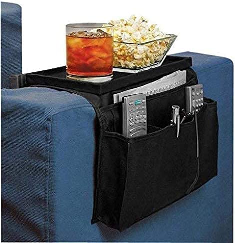 Sofa Armchair Organiser TV Remote Control Organizer Couch Caddy Arm Rest Bag Holder Sofa Tray Remote Caddy Chair Couch Storage 6 Pocket Armchair Table Storage Bag with Cup Holder (Black(top tray))