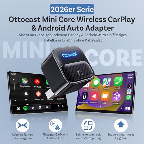 OTTOCAST Mini Core 2-in-1 Wireless CarPlay & Android Car Adapter, Micro Mini Cube Wireless Car Dongle with Smart Switch Button, Wi-Fi 6 & Bluetooth 5.4, Automatic Connection for 98% of Vehicles
