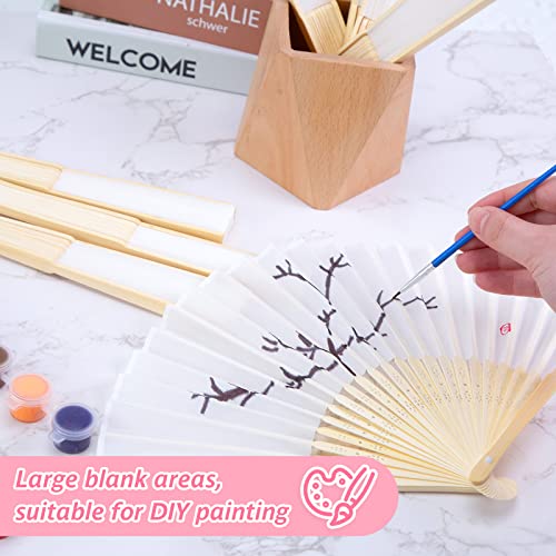 JOHOUSE 12PCS White Folding Fans, Handheld Fabric Fan Foldable Chinese Japanese Bamboo Fans for Women Wedding Dancing DIY Wall Decoration
