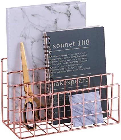 Nugorise Mail Sorter, 3 Slot Wire Letter Holder, Decorative Desk File Organizer for Bills, Postcards, Letters, Brochures and More, Rose Gold