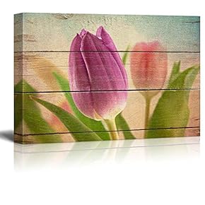 Closeup of Lavender Tulip - Rustic Floral Arrangements - Pastels Colorful Beautiful - Wood Grain Antique - Canvas Art Home Art - 12x18 inches